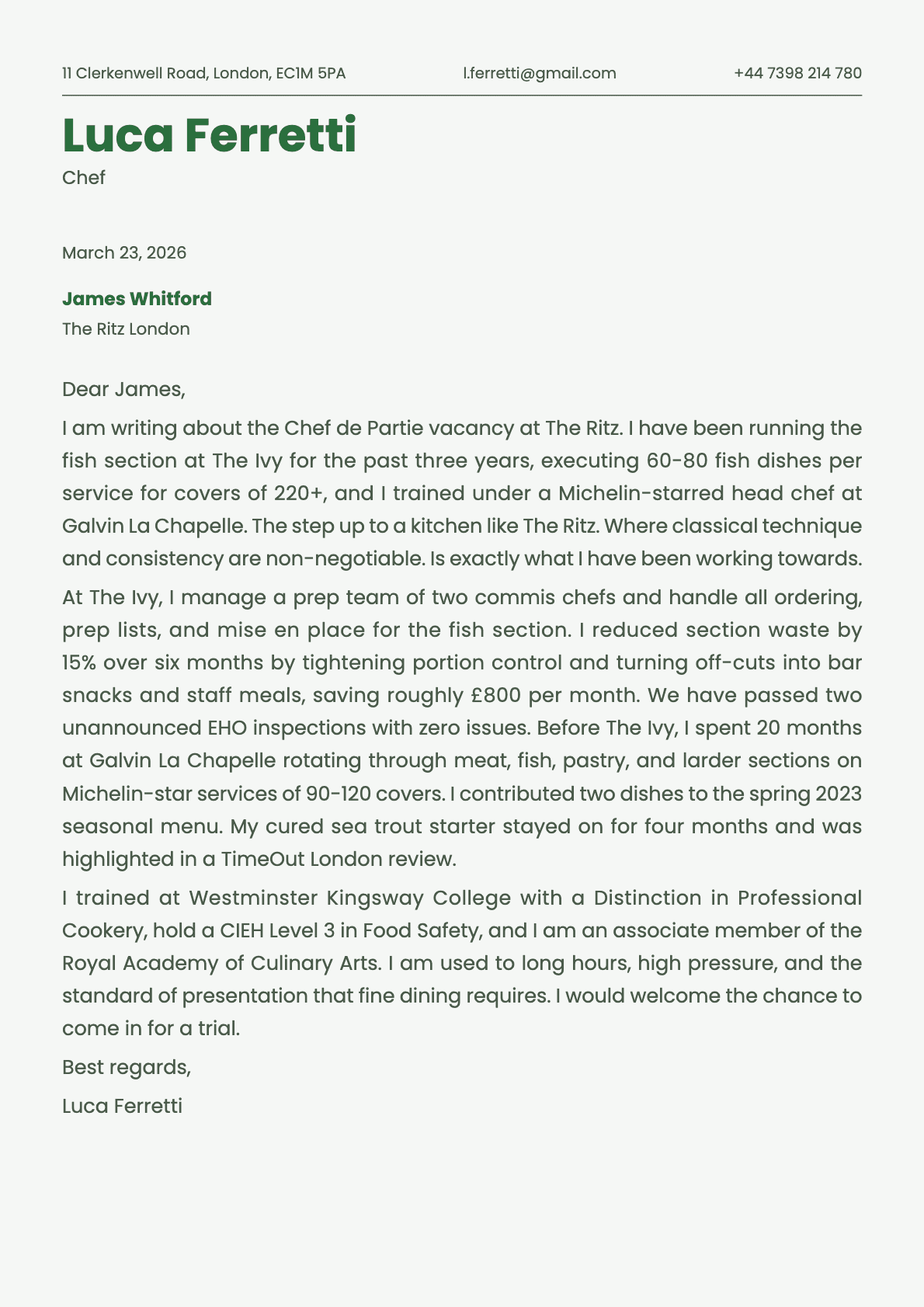 Chef cover letter example