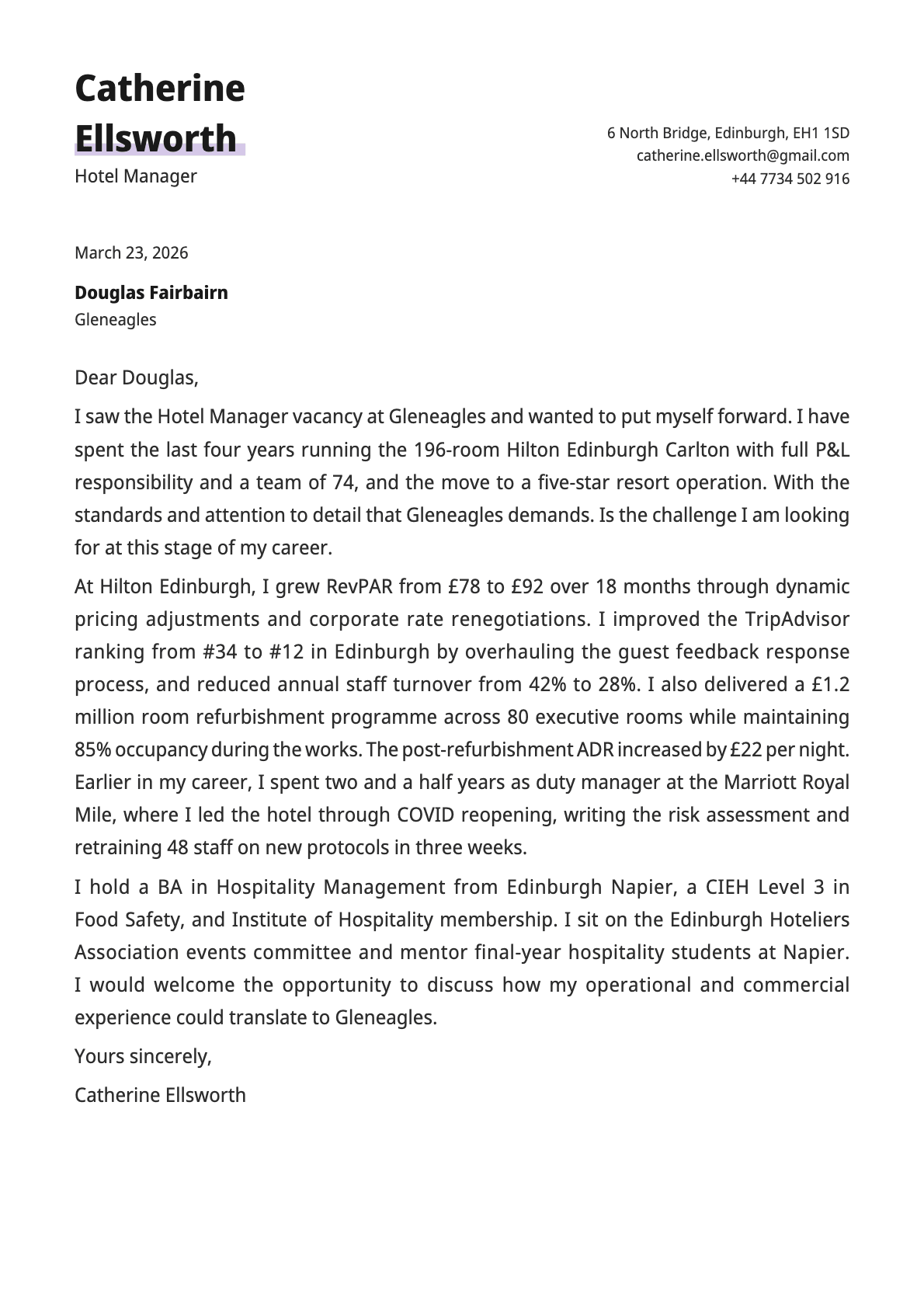 Hotel Manager cover letter example