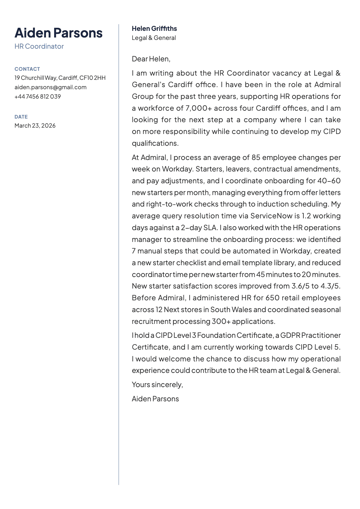 HR Coordinator cover letter example