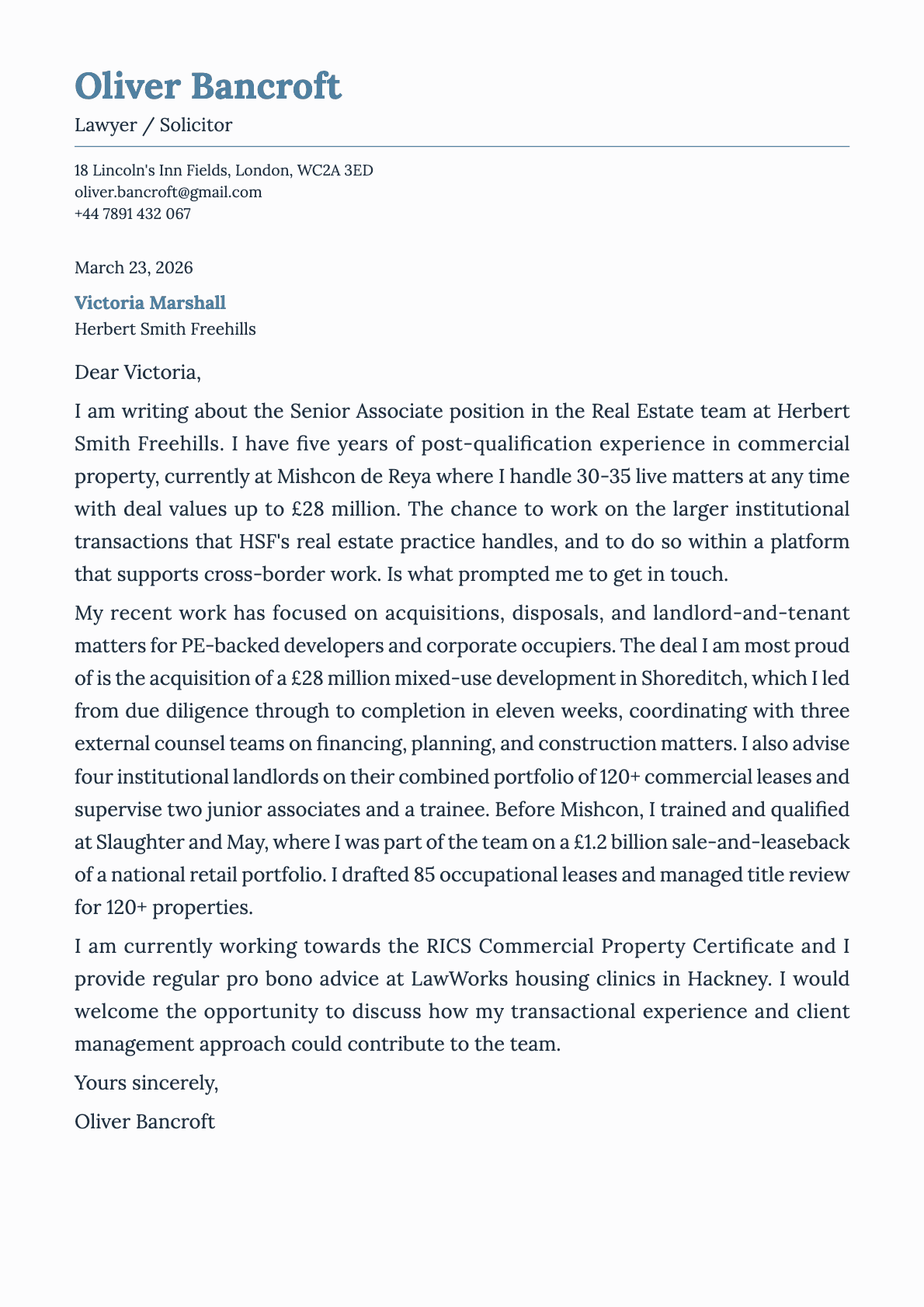 Lawyer / Solicitor cover letter example