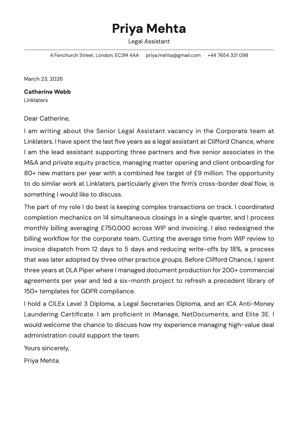 Legal Assistant cover letter example