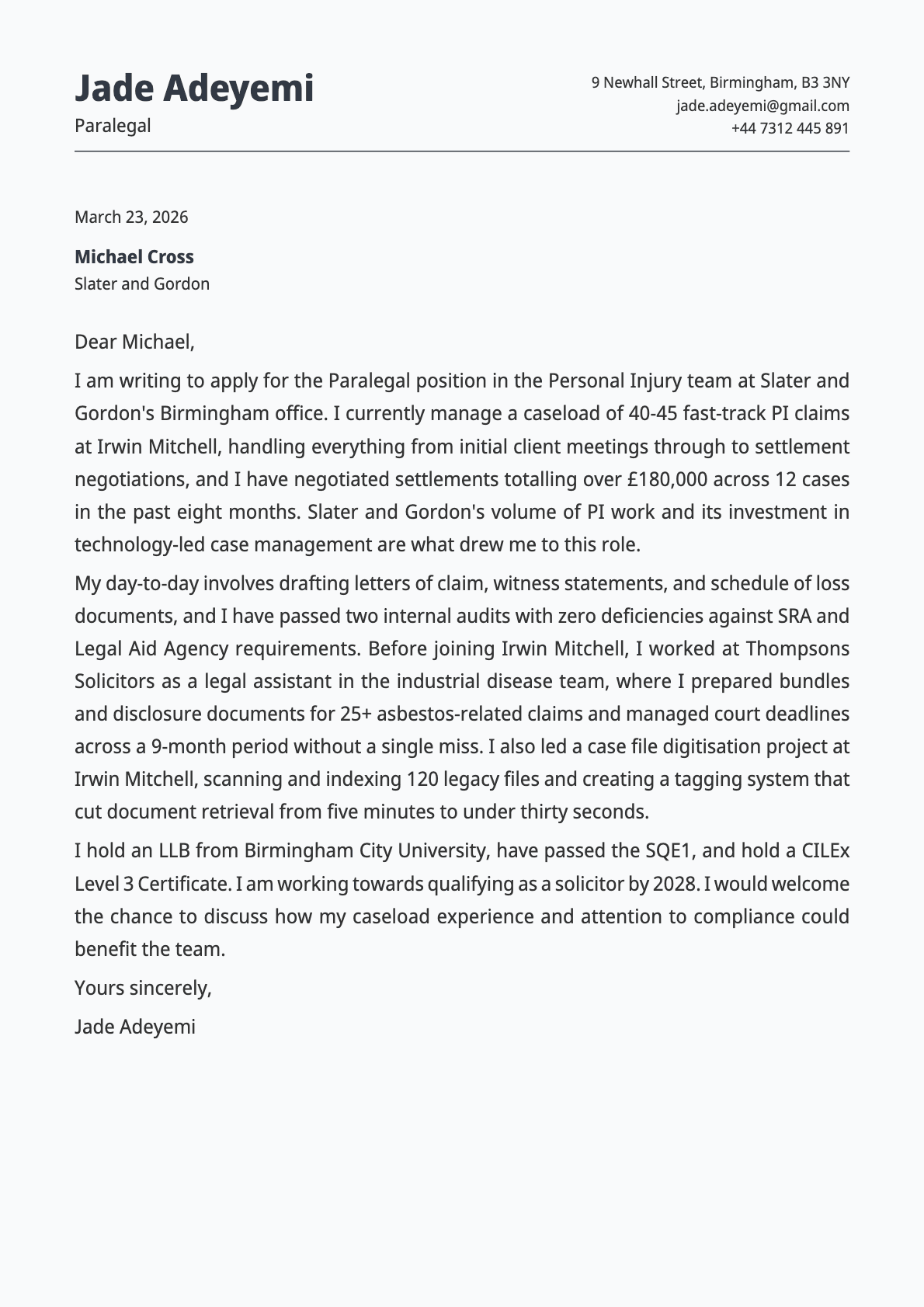 Paralegal cover letter example