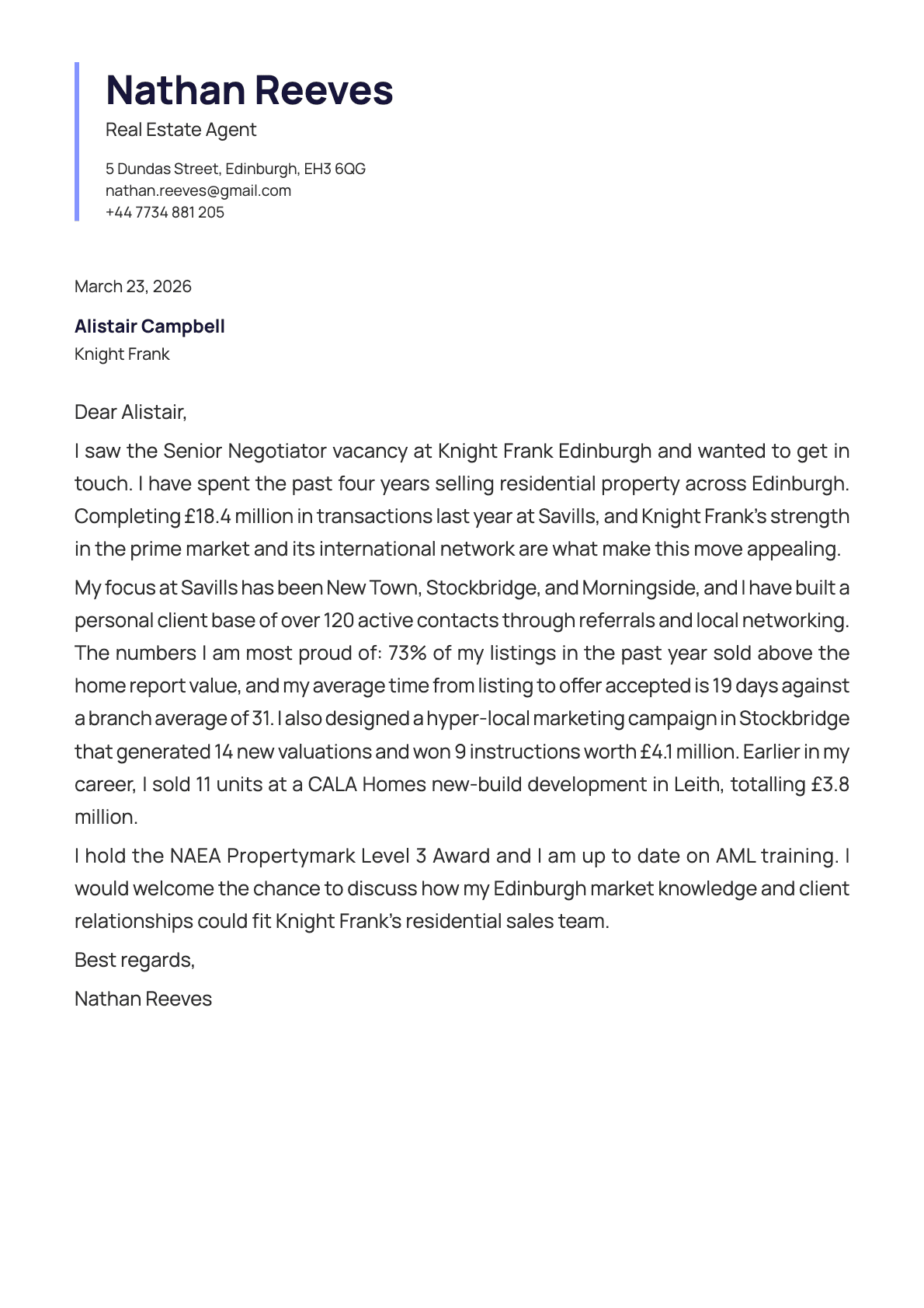 Real Estate Agent cover letter example