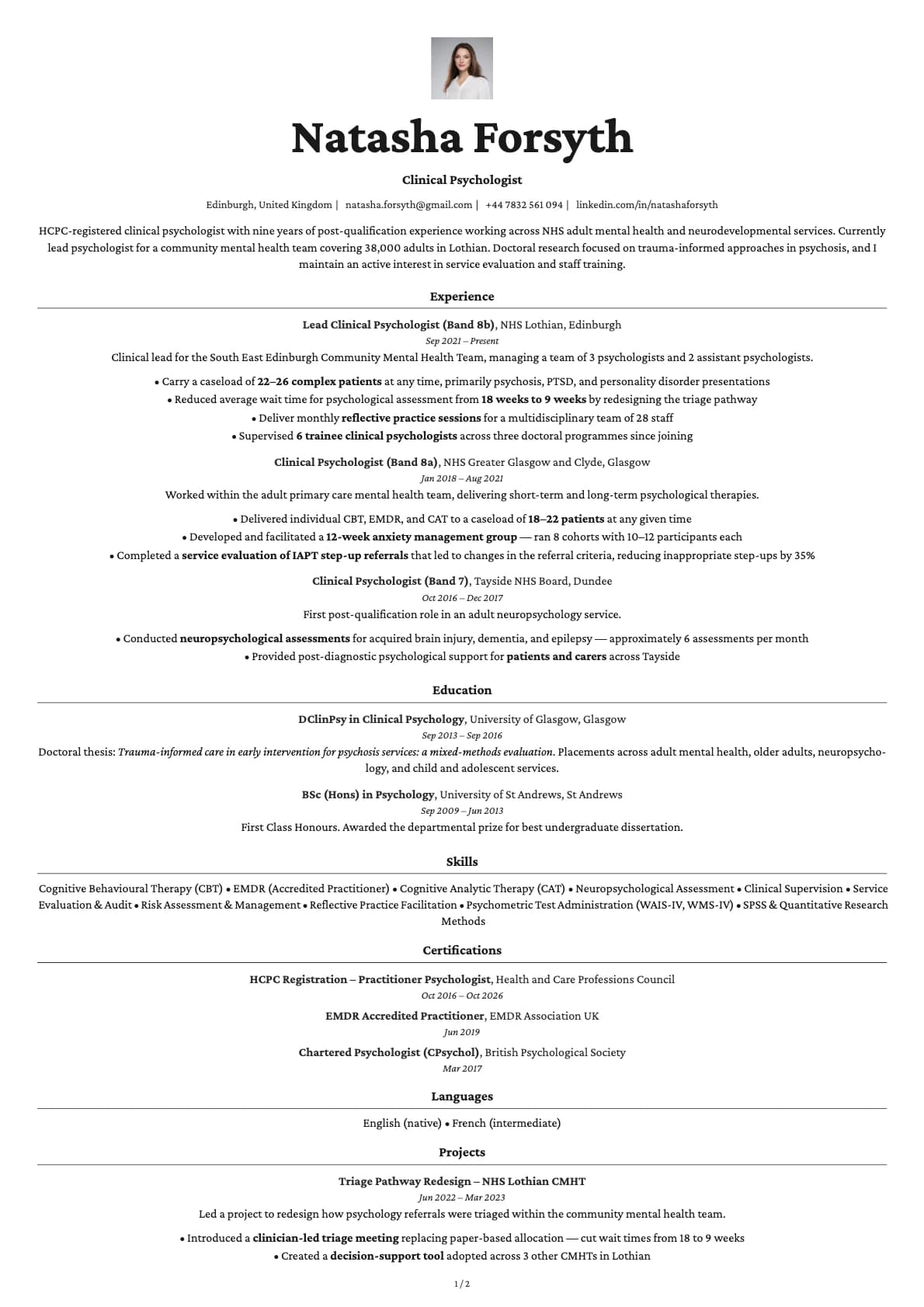 Clinical Psychologist resume example