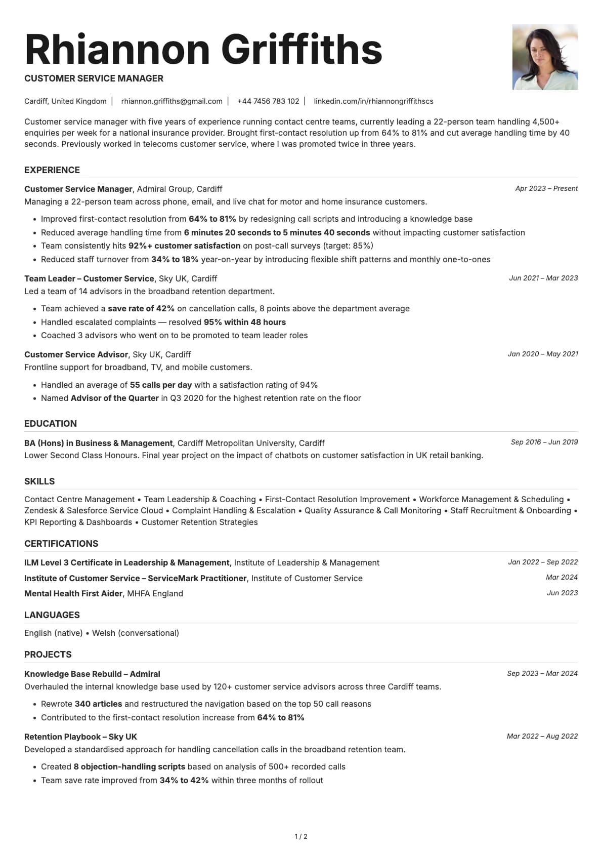 Customer Service Manager resume example