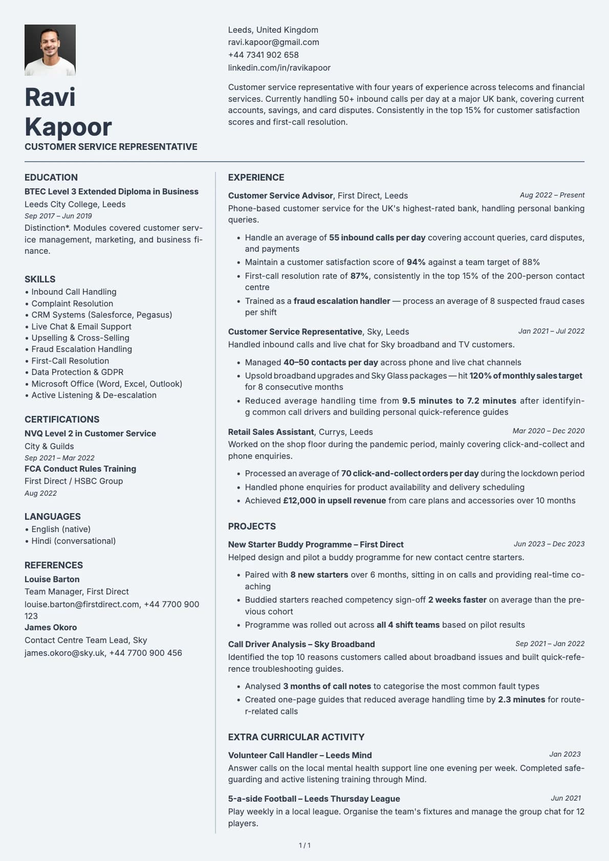 Customer Service Representative resume example