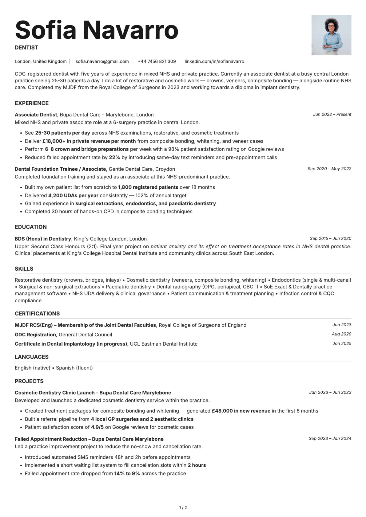 Dentist resume example