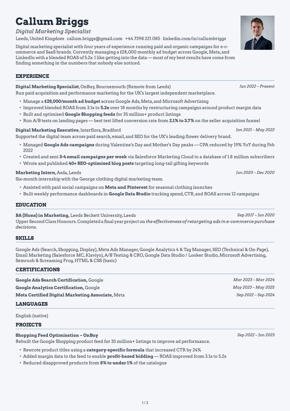 Digital Marketing Specialist resume example