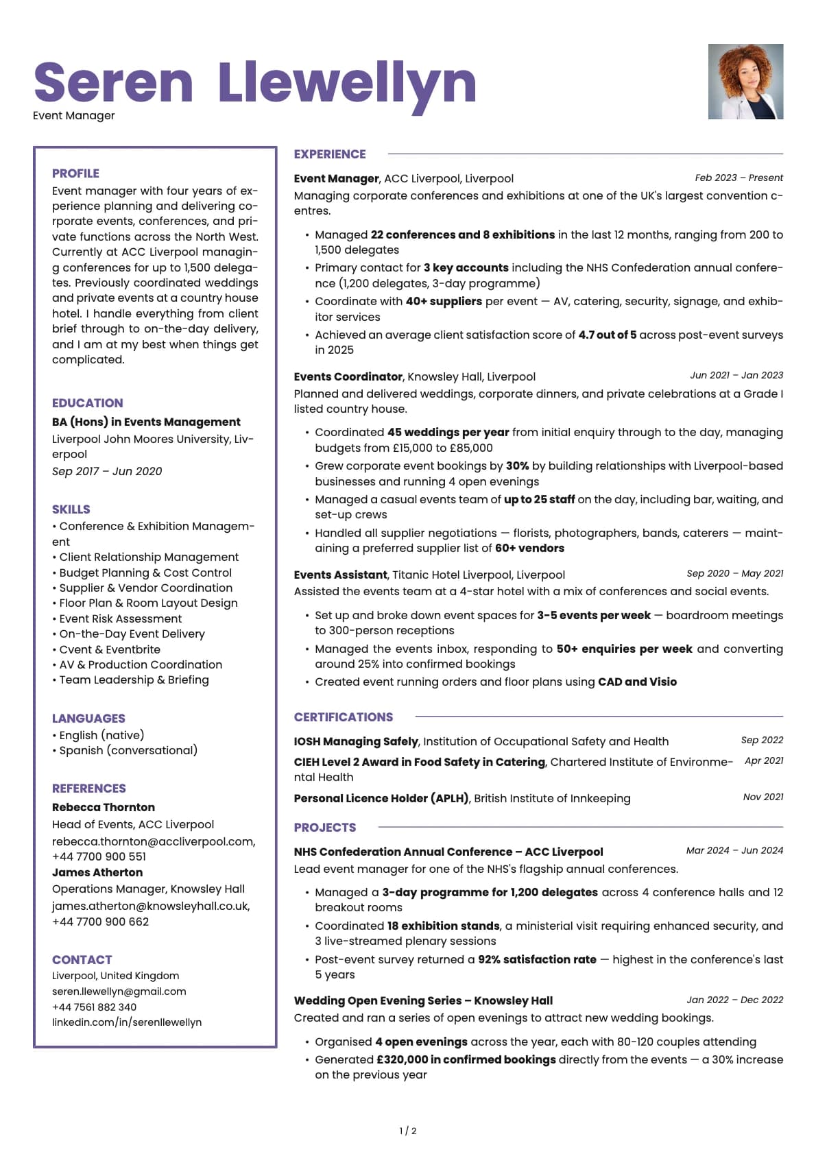 Event Manager resume example