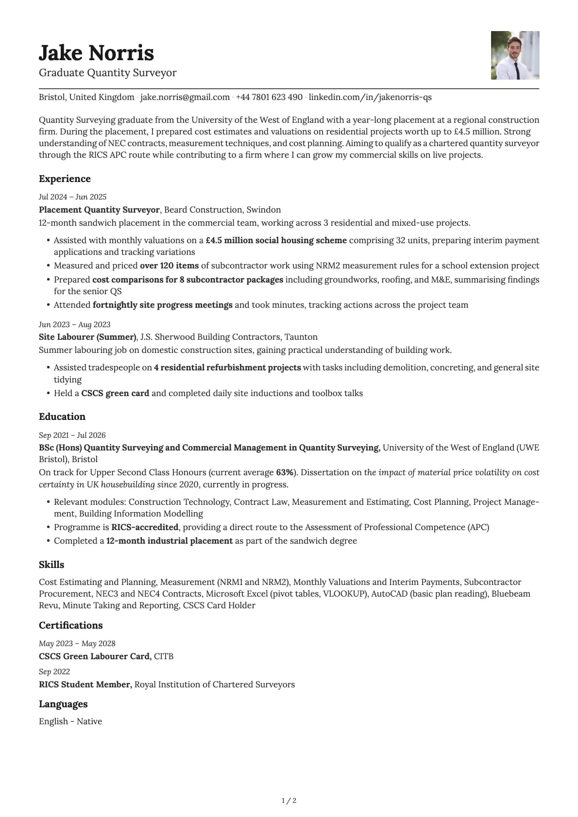 Graduate Quantity Surveyor resume example