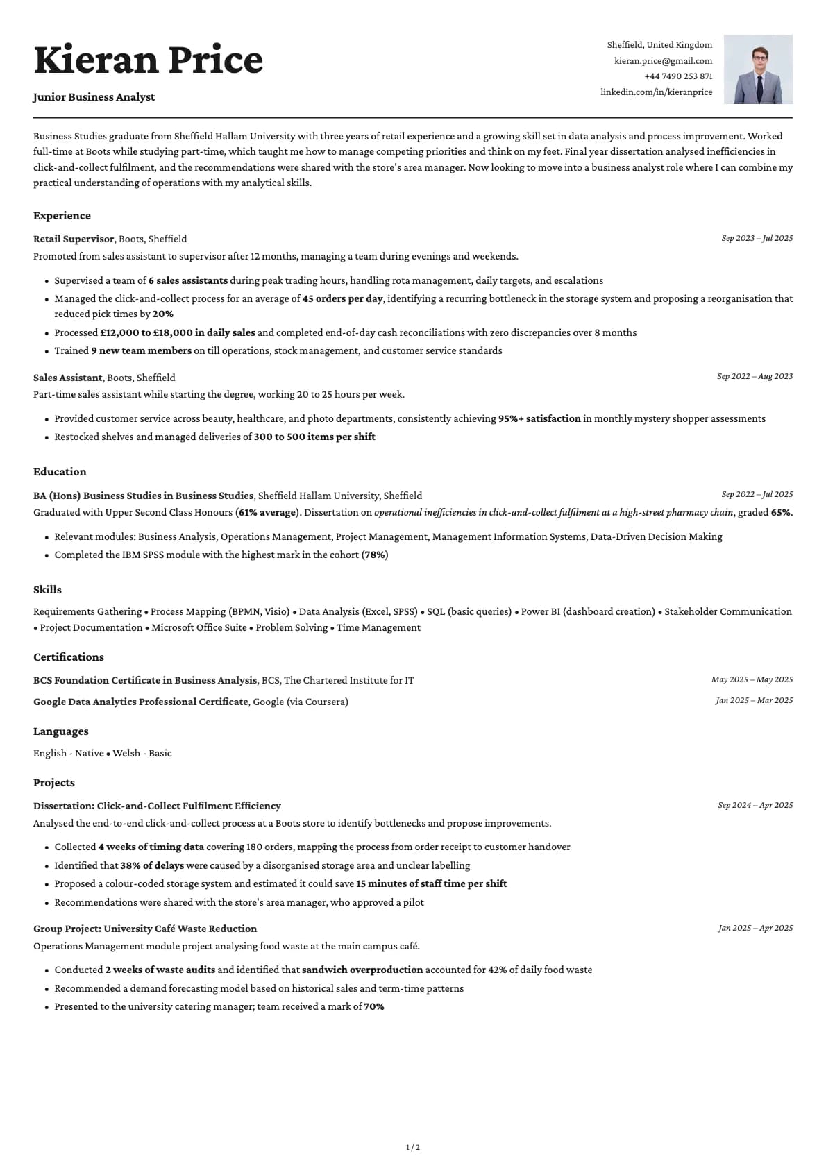 Junior Business Analyst resume example