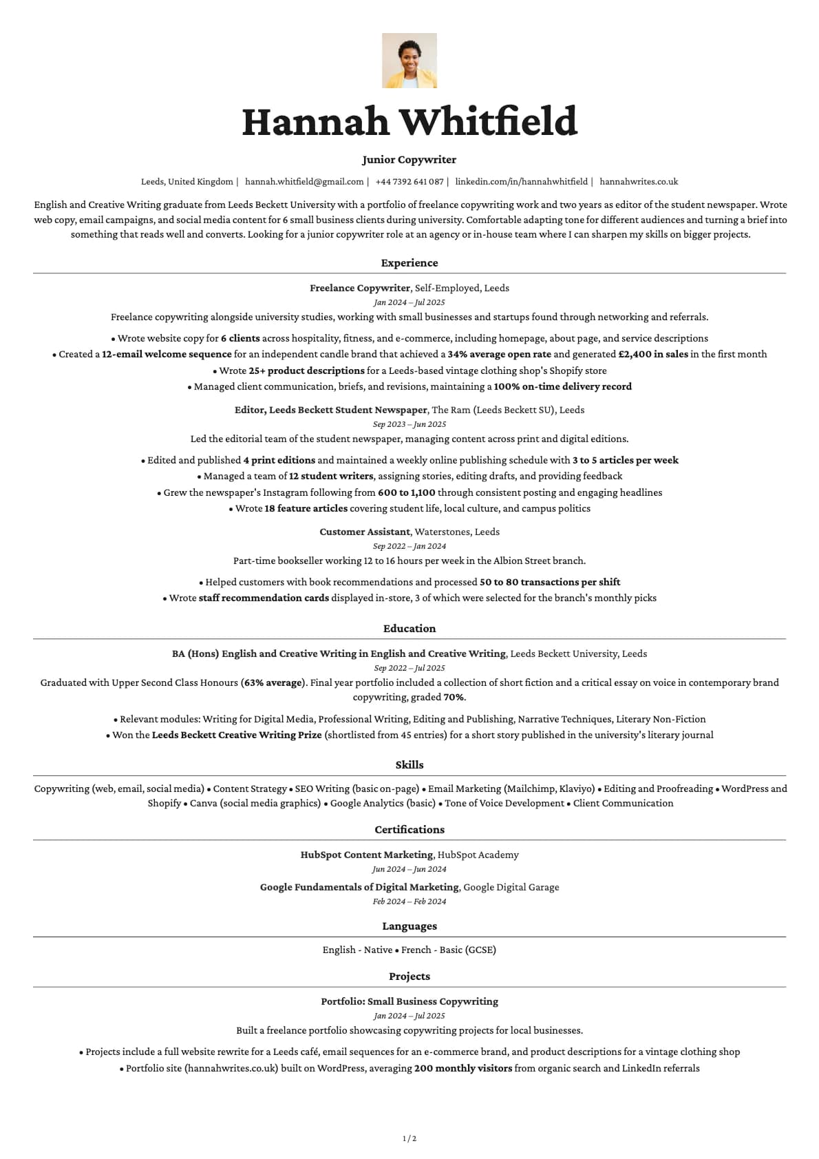 Junior Copywriter resume example