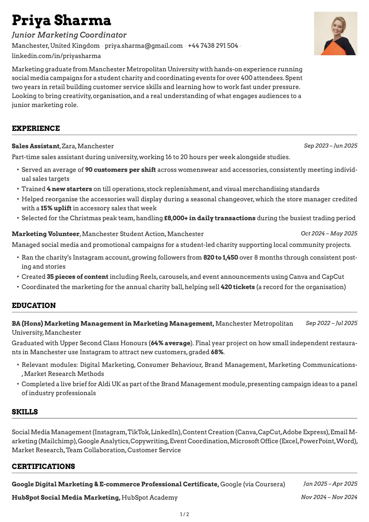 Junior Marketing Coordinator resume example