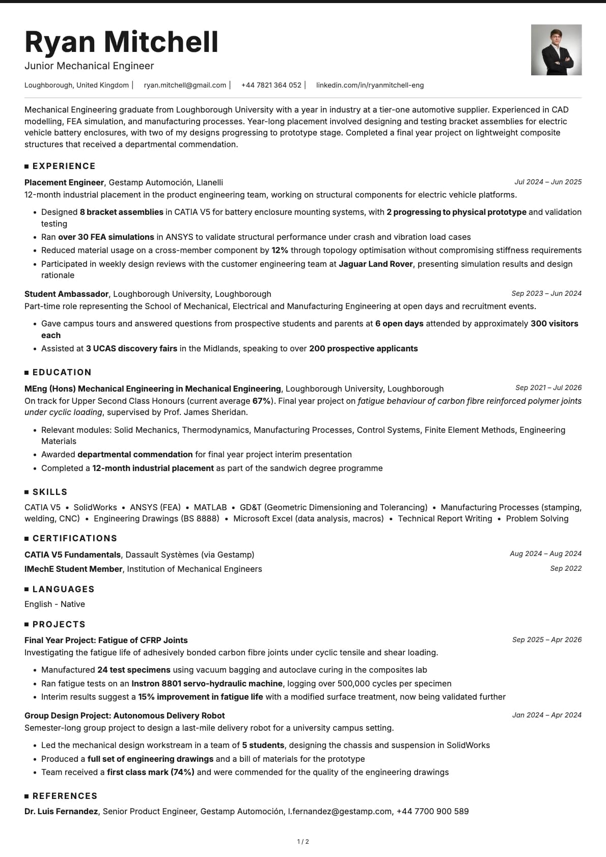 Junior Mechanical Engineer resume example