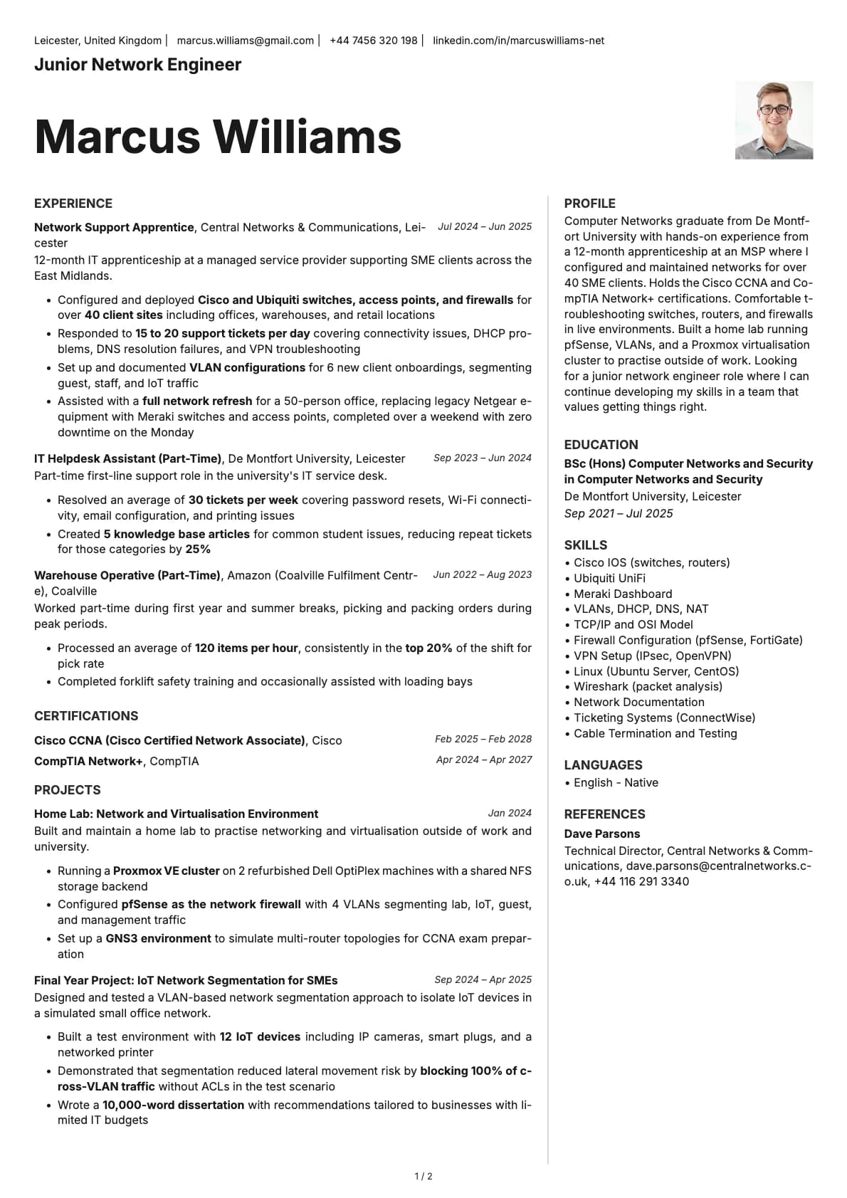 Junior Network Engineer resume example