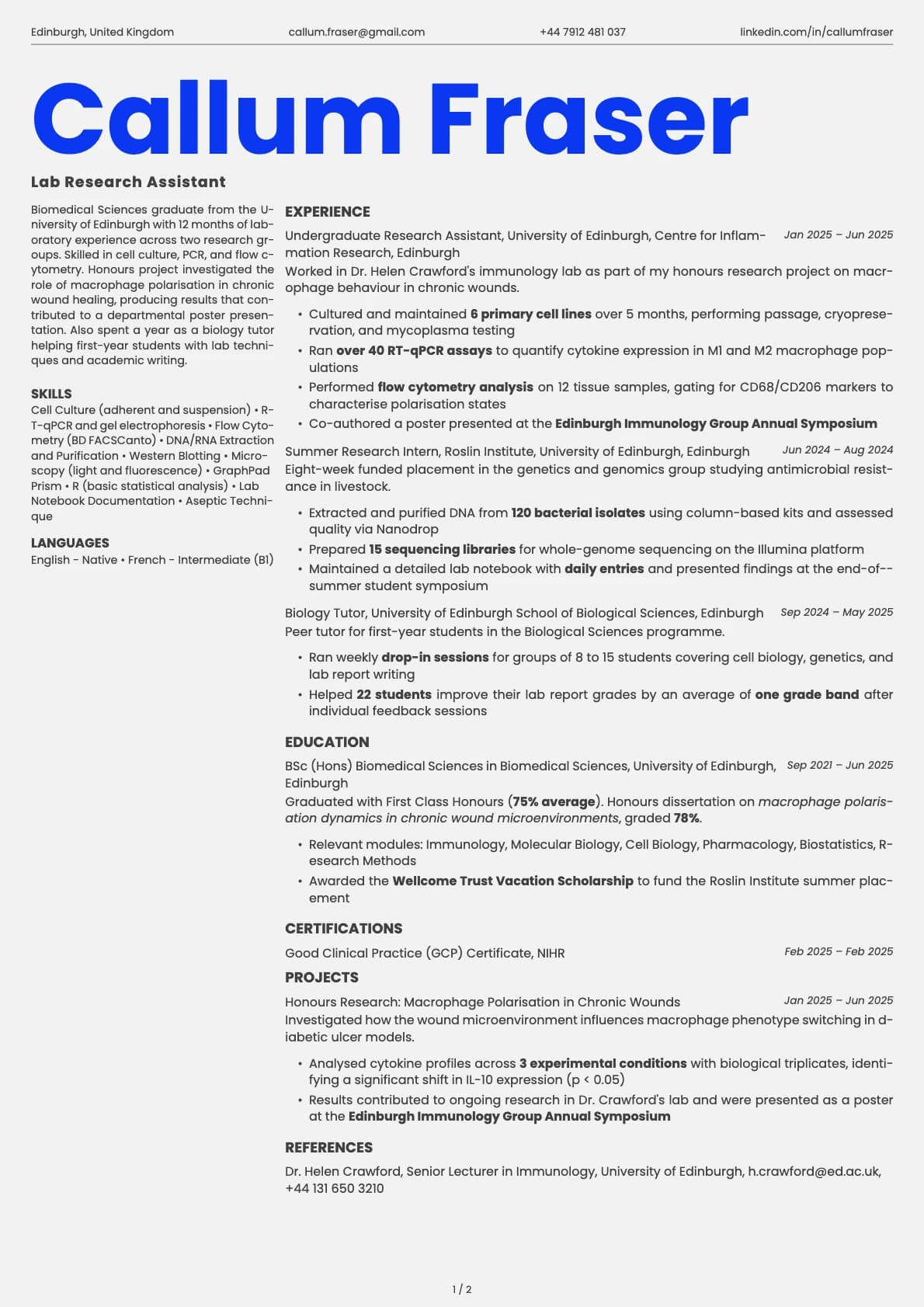 Lab Research Assistant resume example