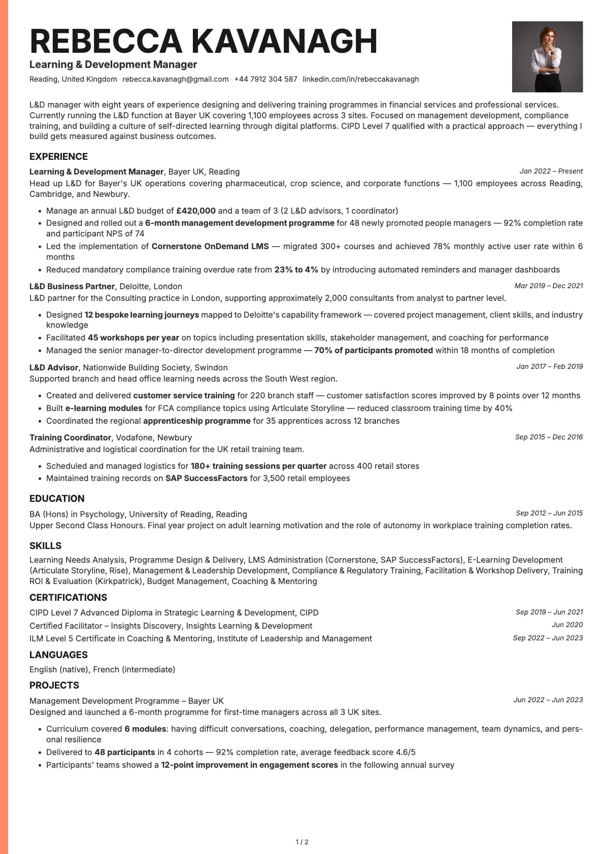Learning & Development Manager resume example