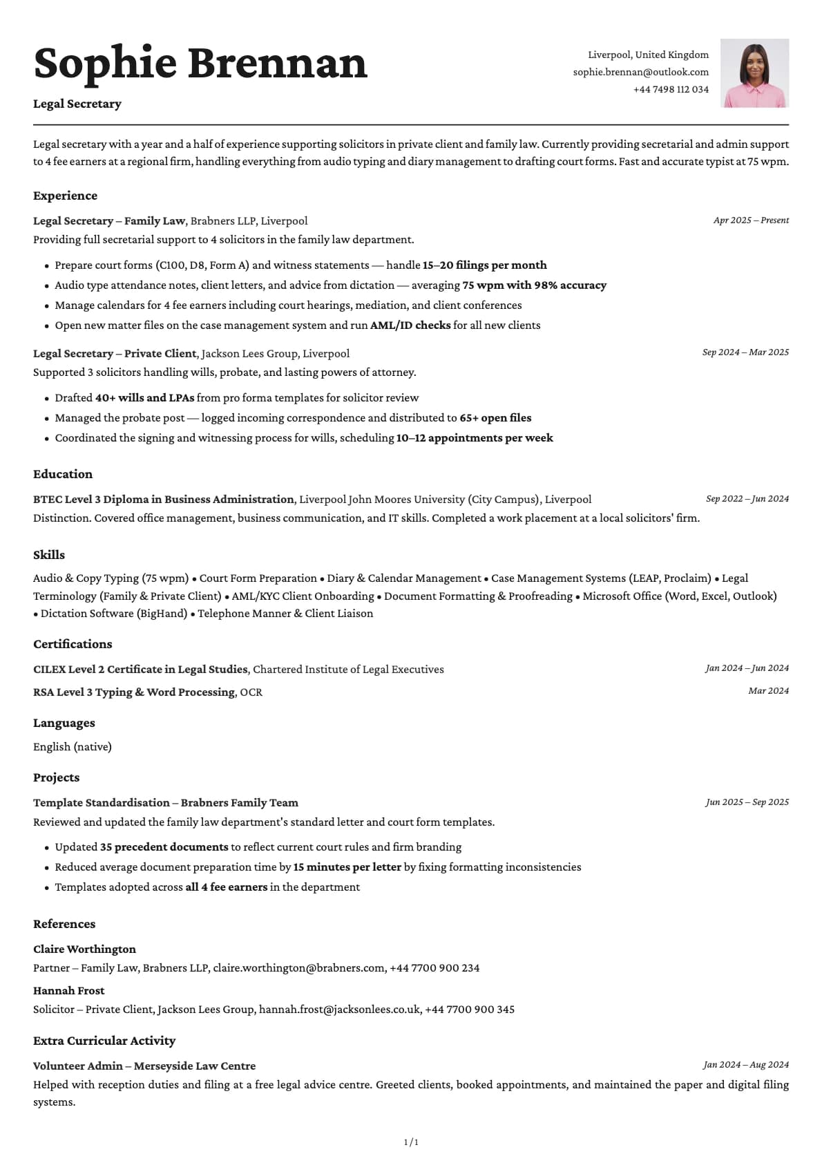 Legal Secretary resume example