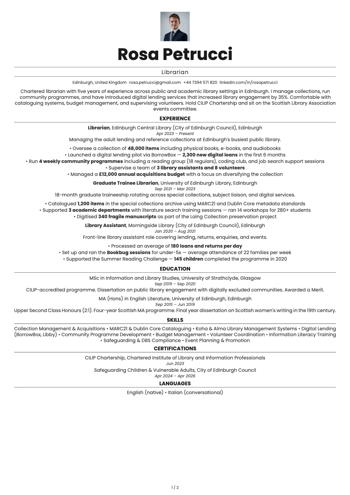 Librarian resume example