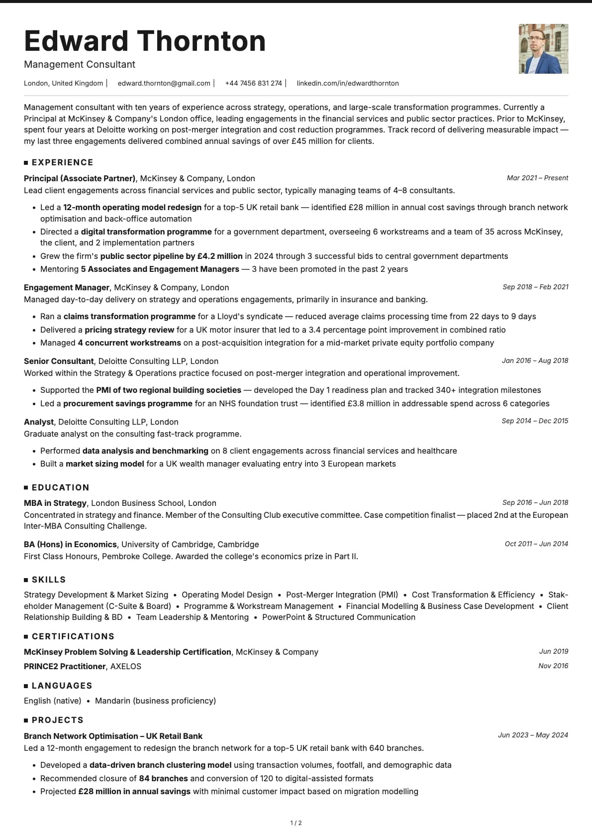 Management Consultant resume example