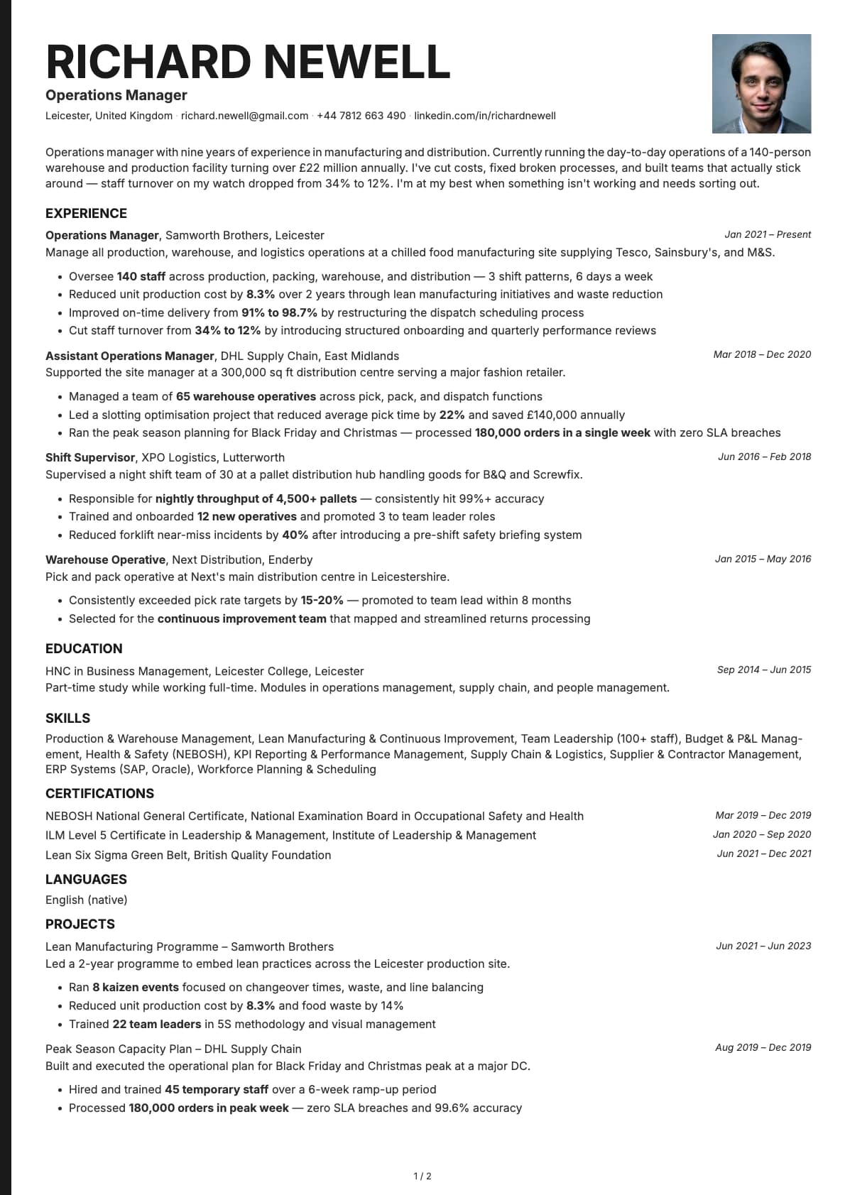 Operations Manager resume example