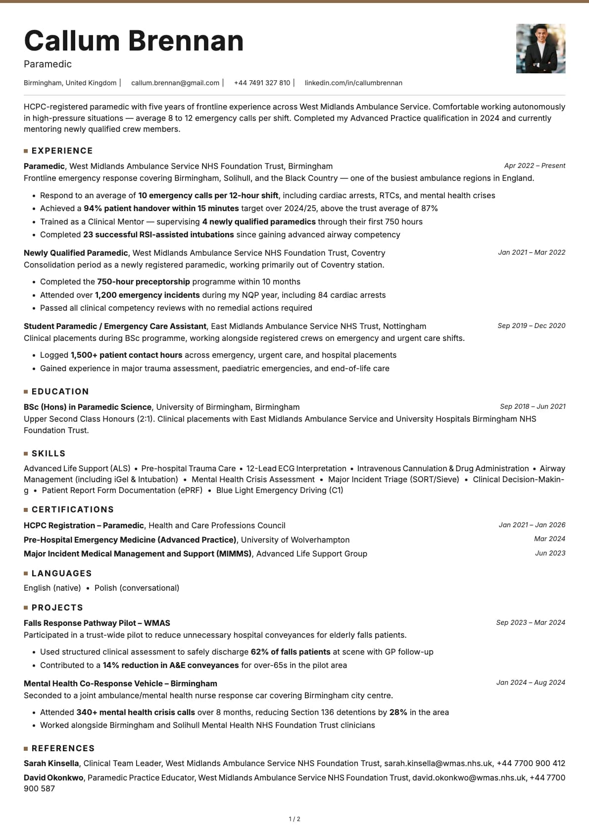 Paramedic resume example