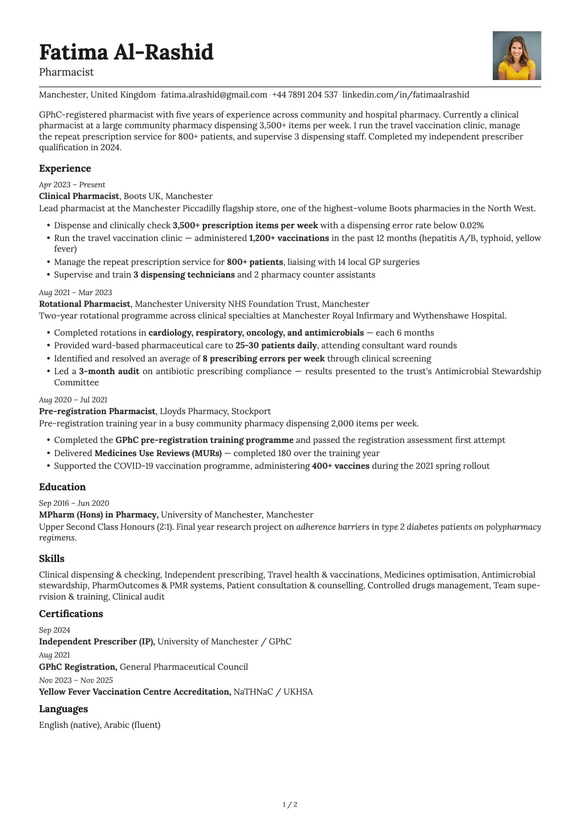 Pharmacist resume example