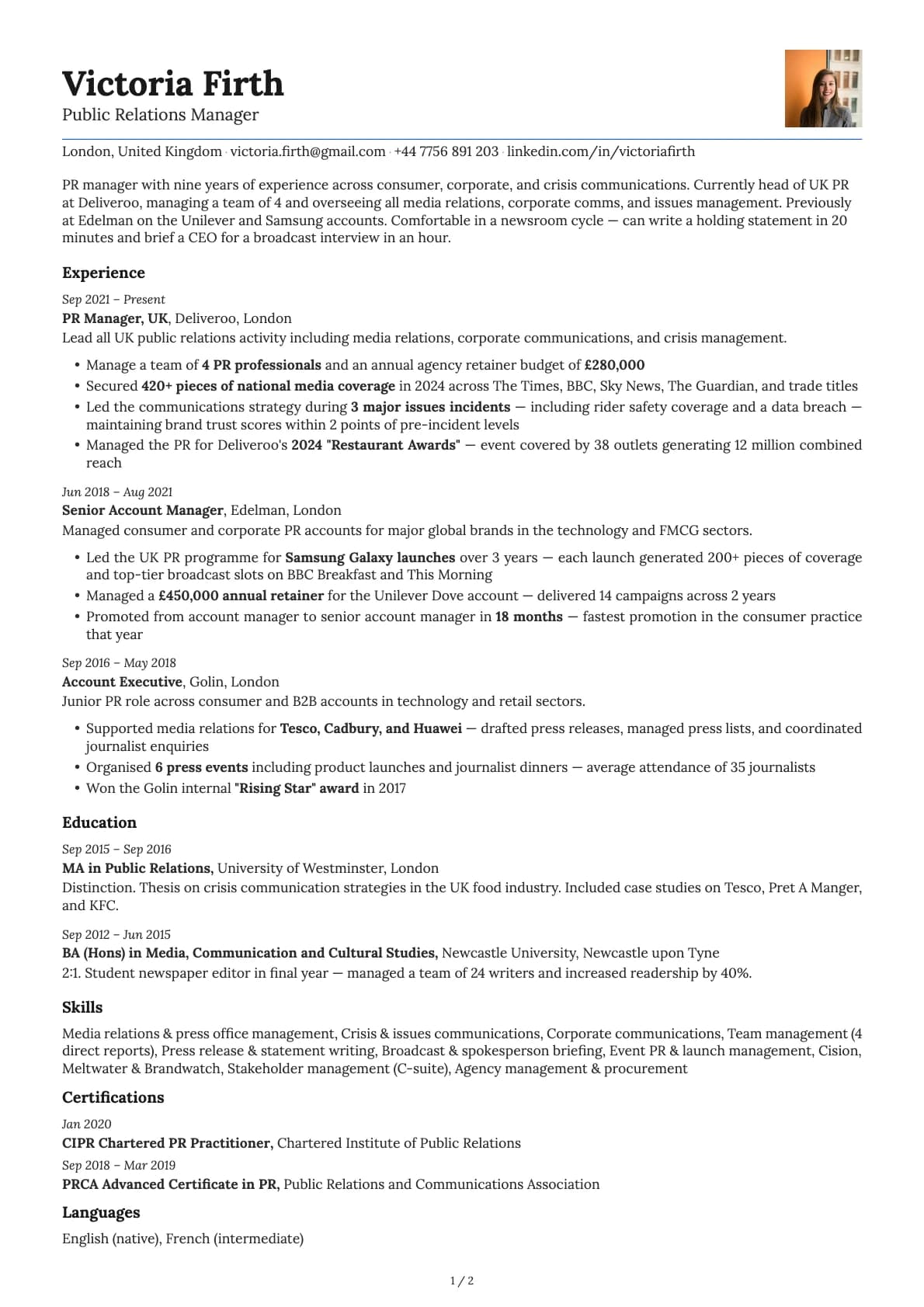 Public Relations Manager resume example