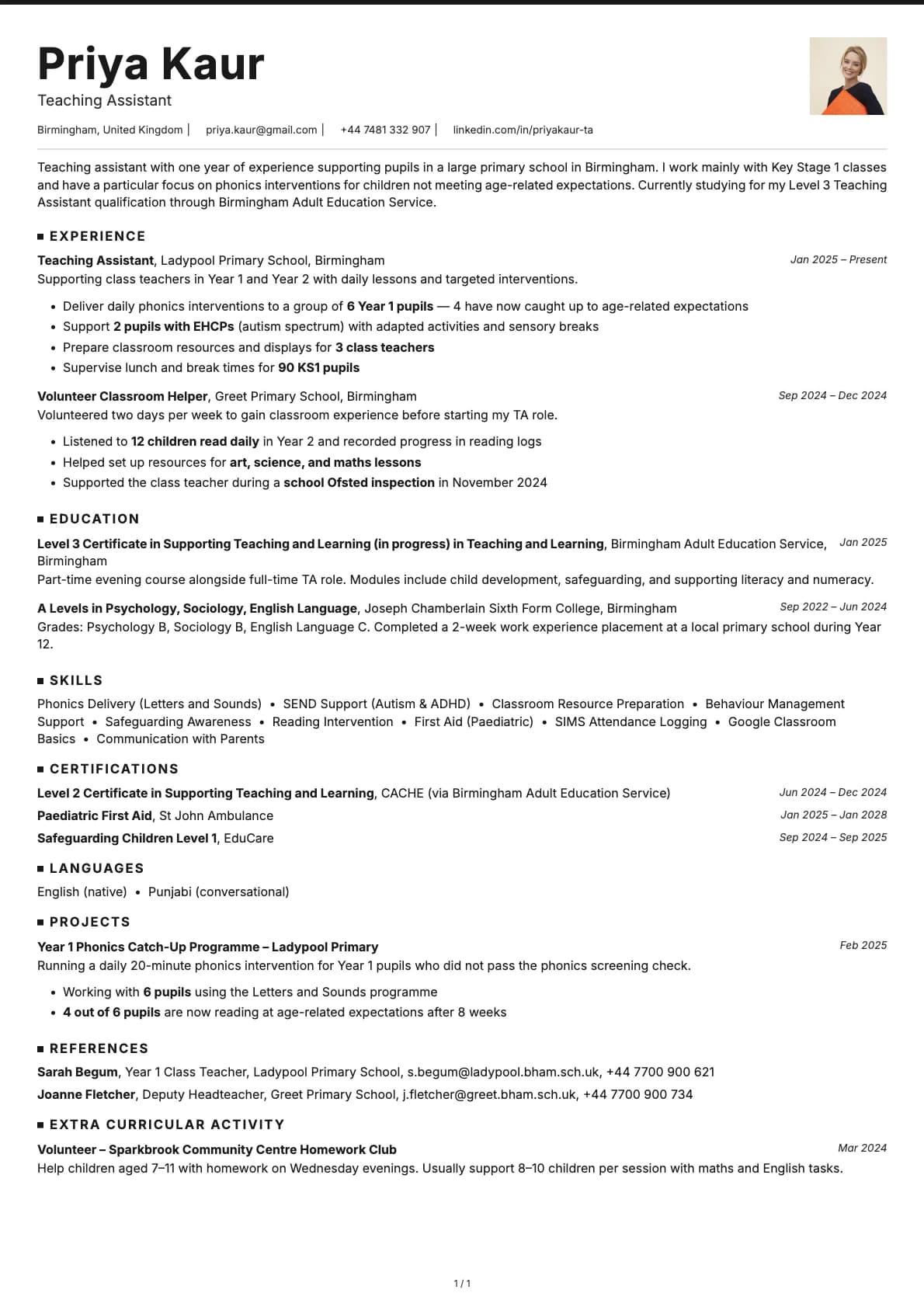 Teaching Assistant resume example
