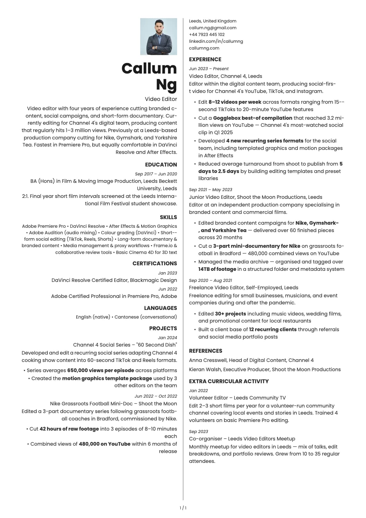 Video Editor resume example