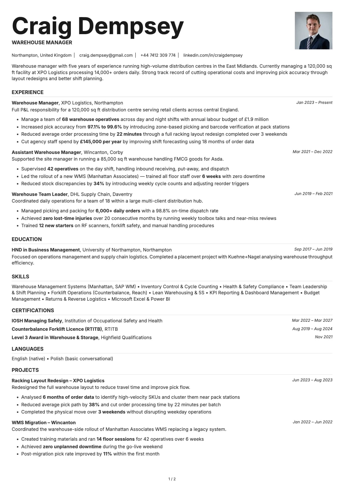 Warehouse Manager resume example