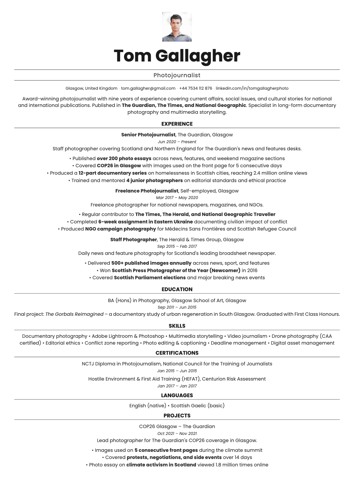 Quartz Photo resume template preview