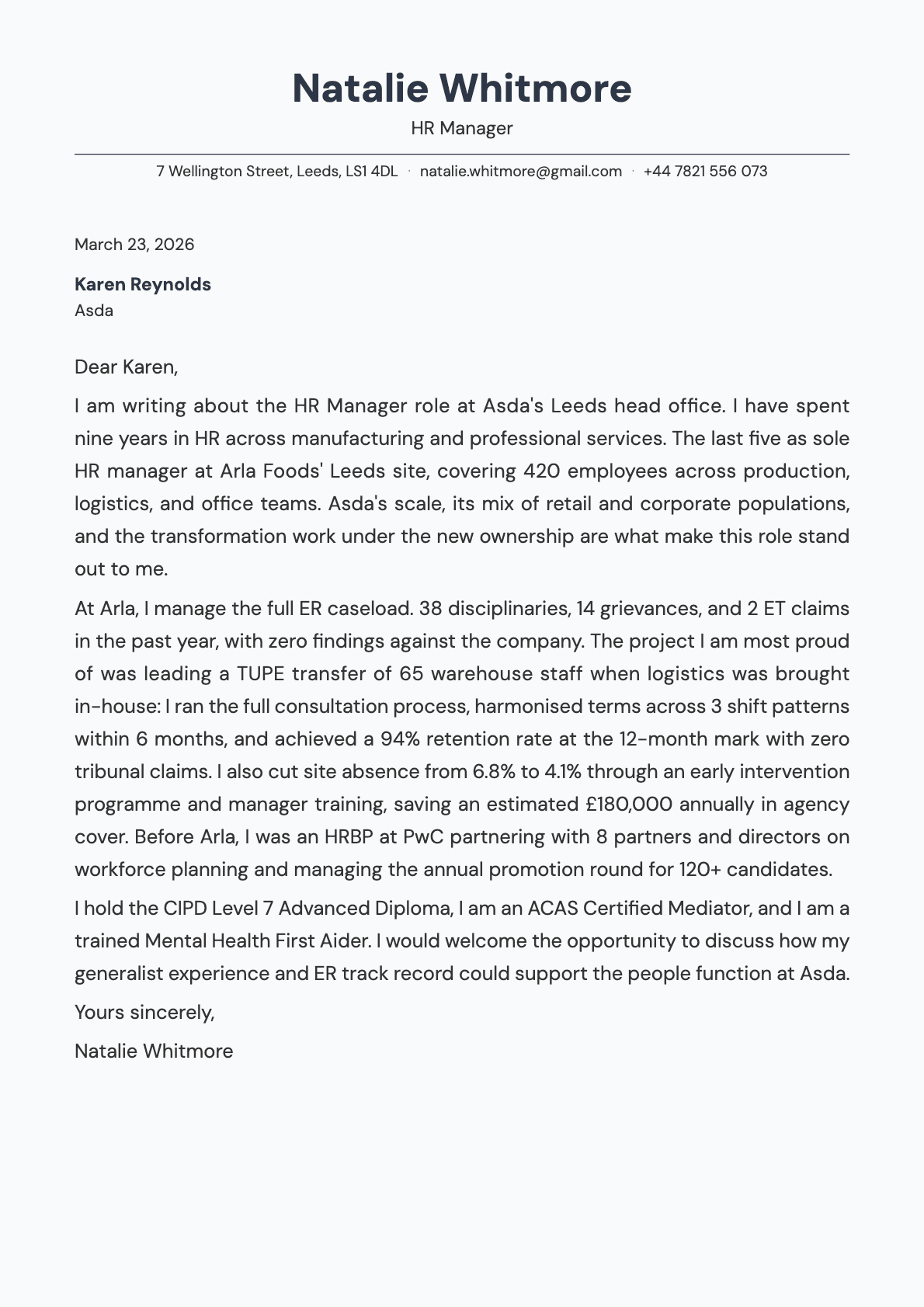 HR Manager cover letter example