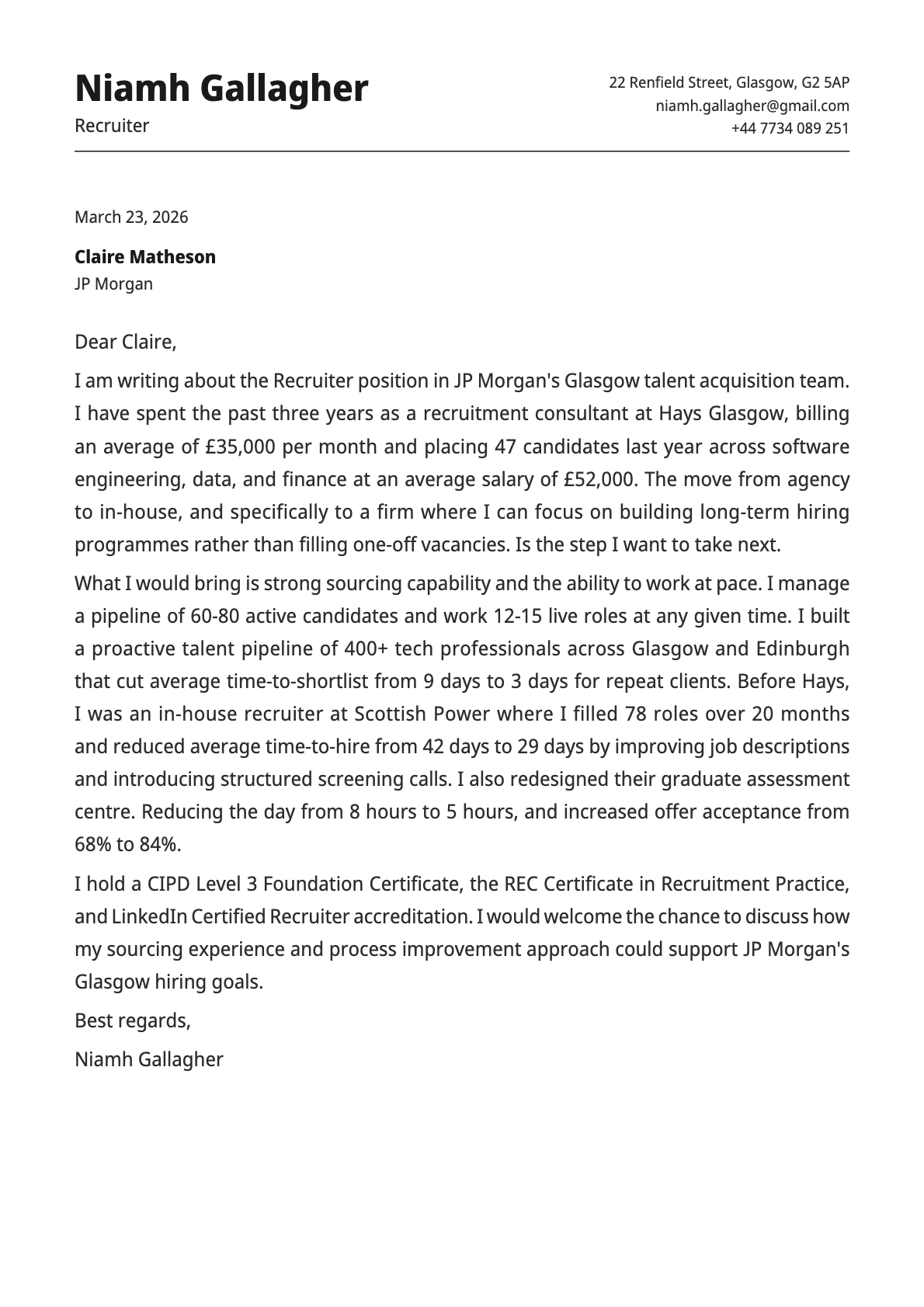Recruiter cover letter example