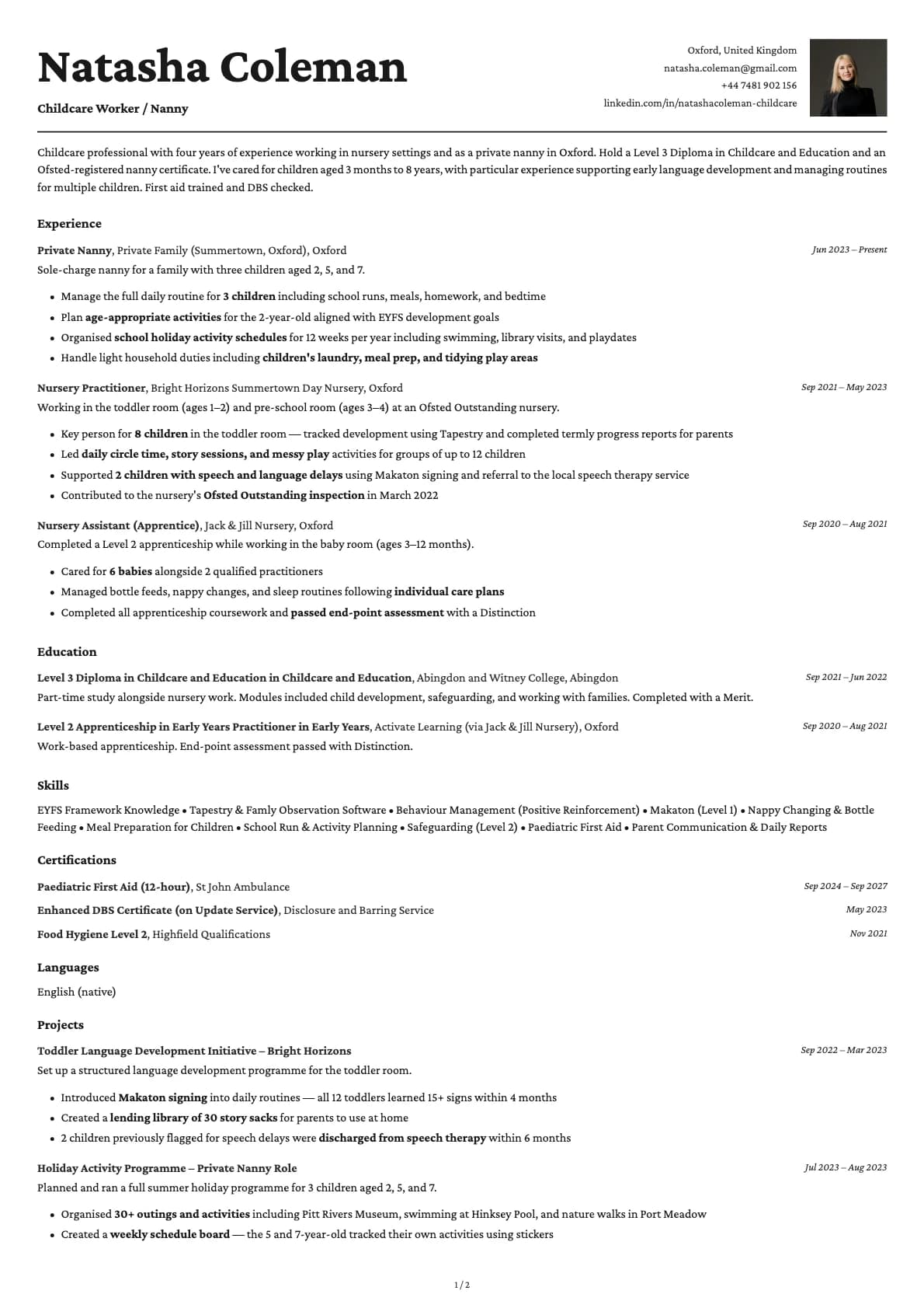 Childcare Worker / Nanny resume example