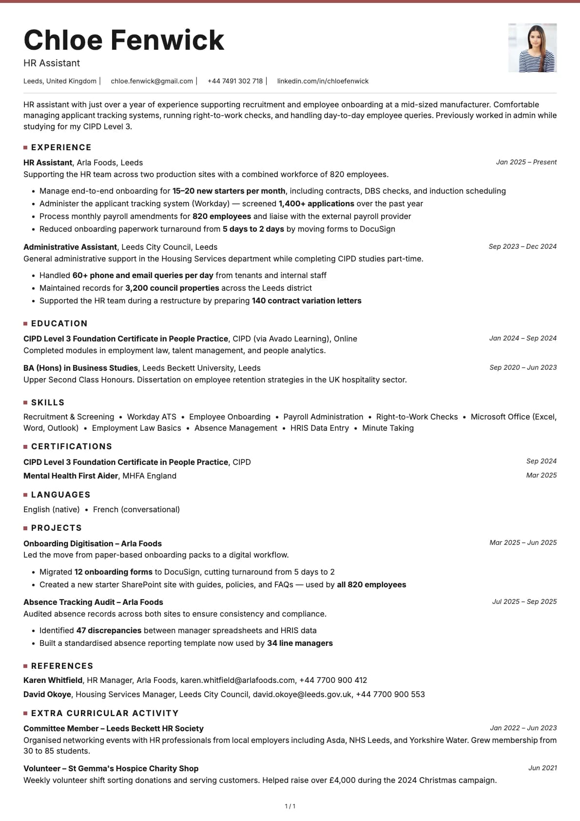 HR Assistant resume example