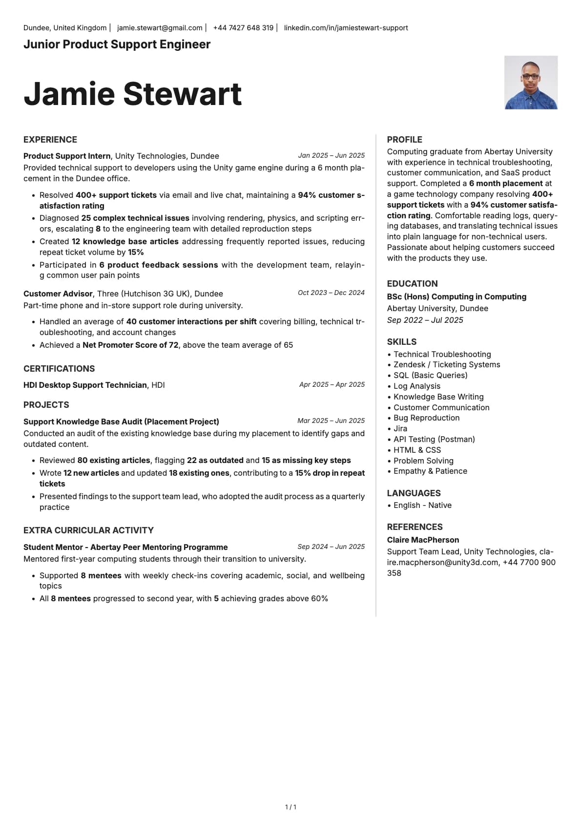 Junior Product Support Engineer resume example