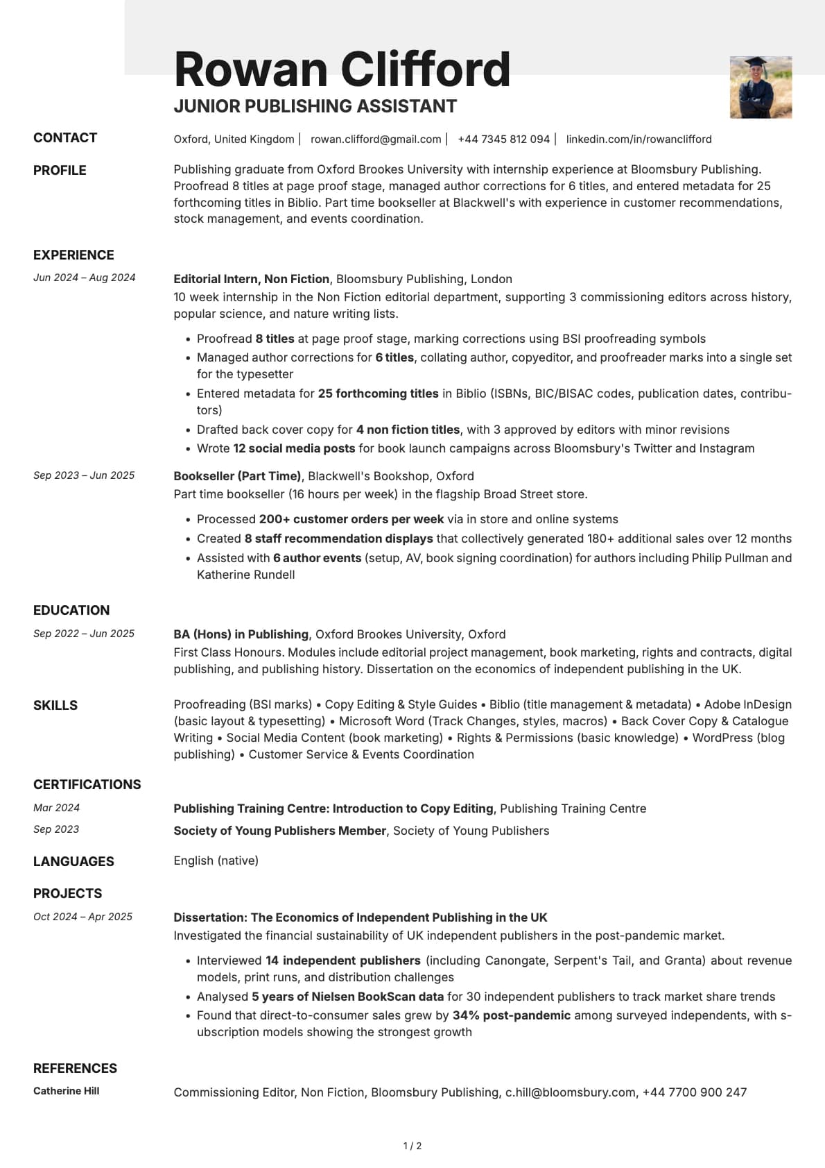 Junior Publishing Assistant resume example