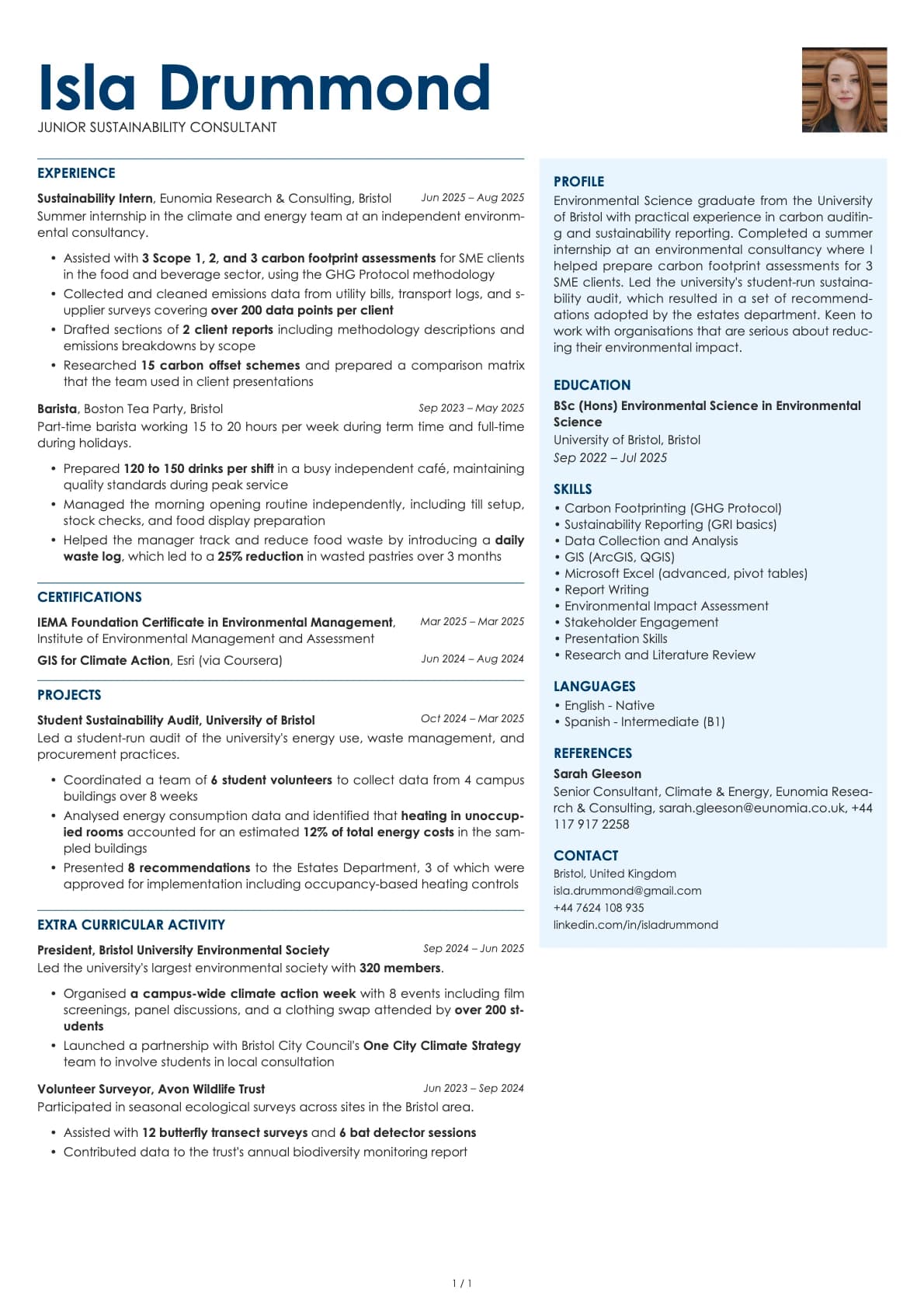 Junior Sustainability Consultant resume example