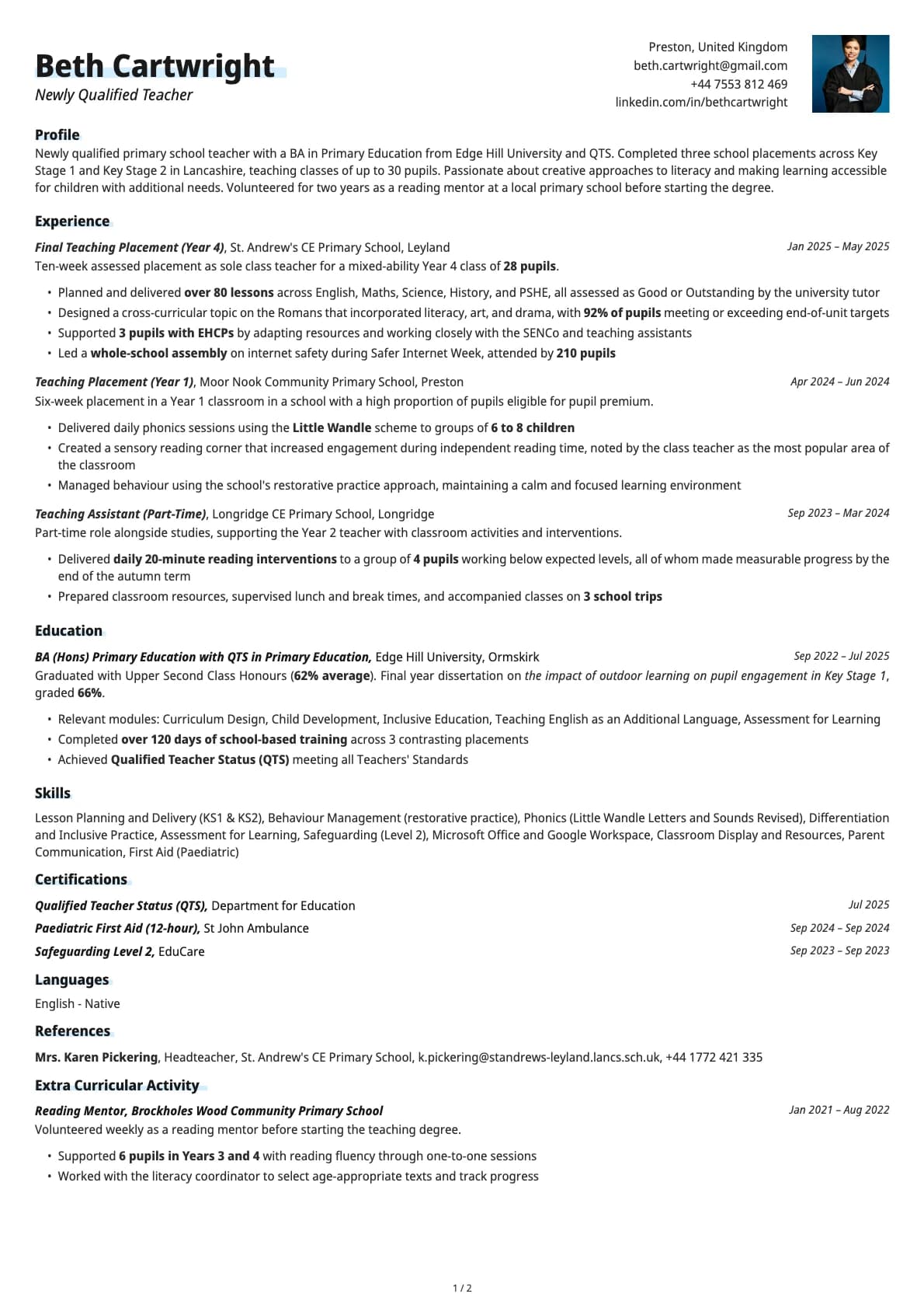 Newly Qualified Teacher resume example