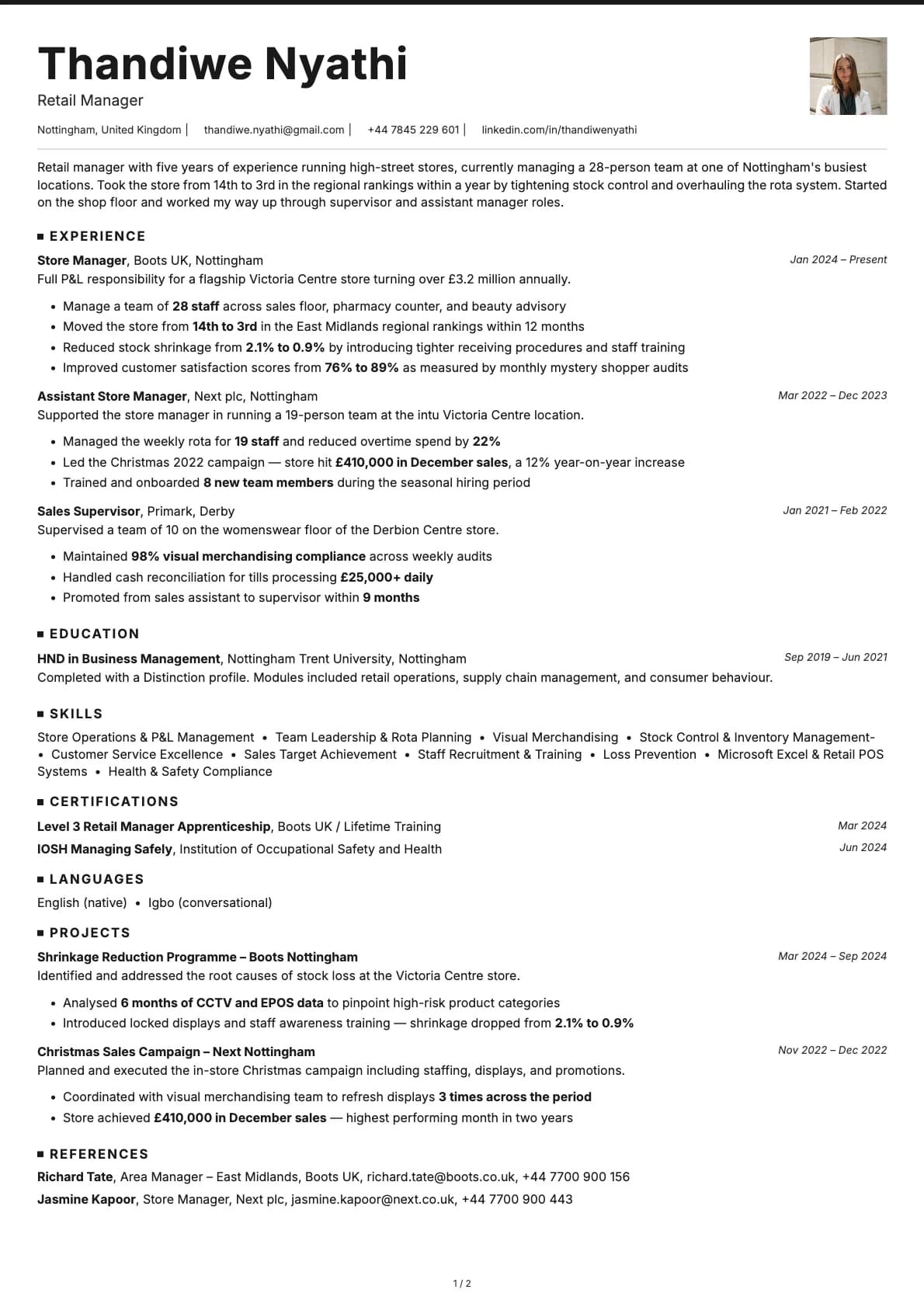 Retail Manager resume example