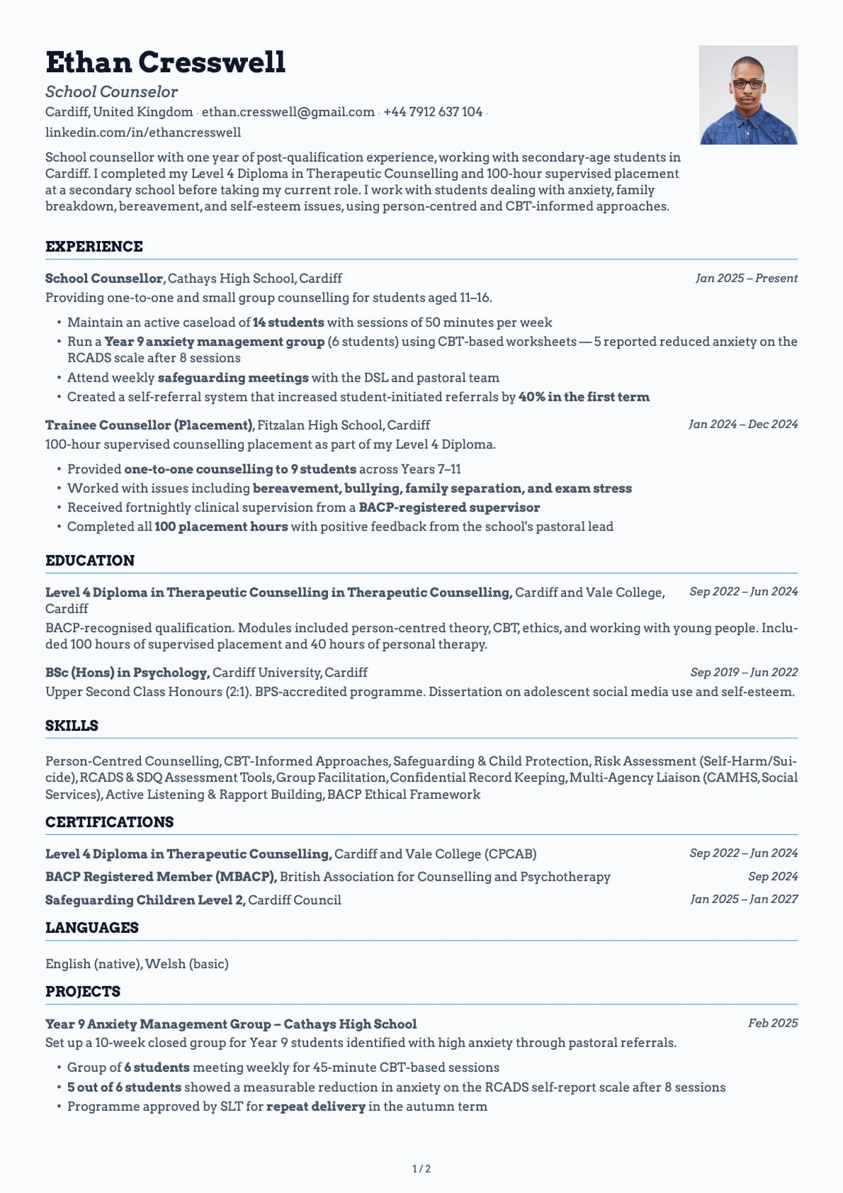 School Counselor resume example